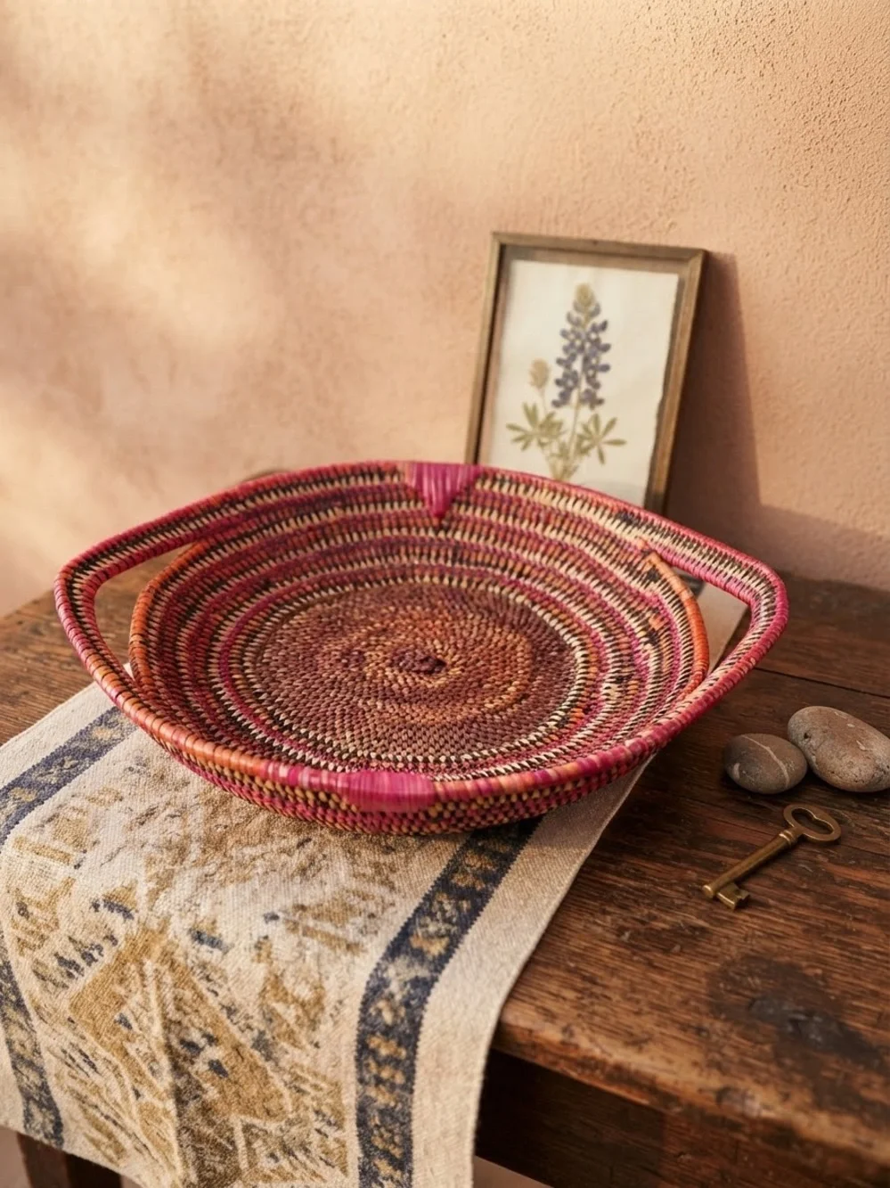Handwoven Decorative Woven Tray Basket in Pink and Brown